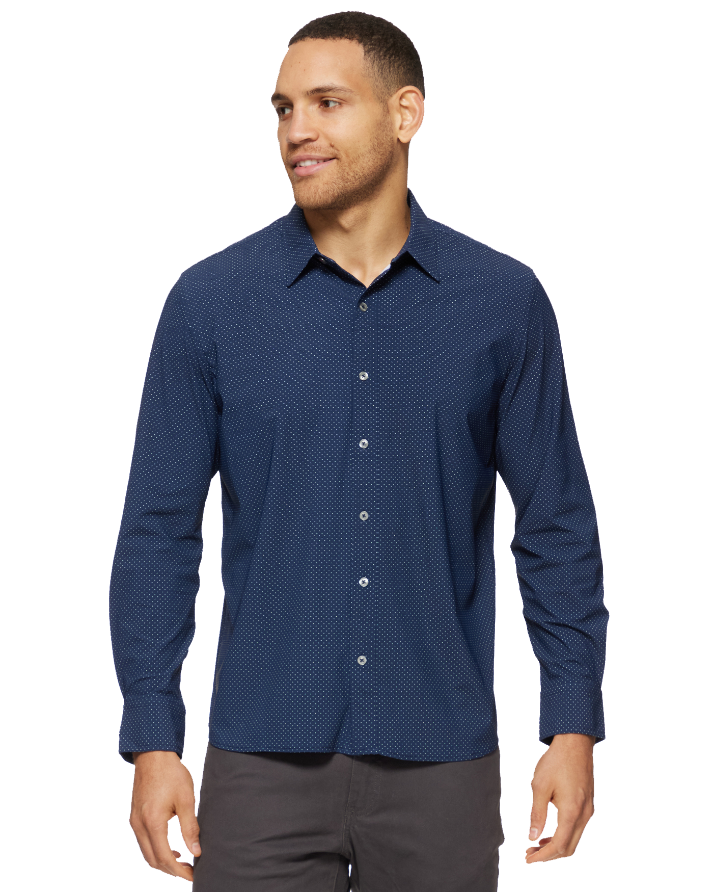 Loretto LS Dot Print Journey Shirt in white with navy dots worn by a man
