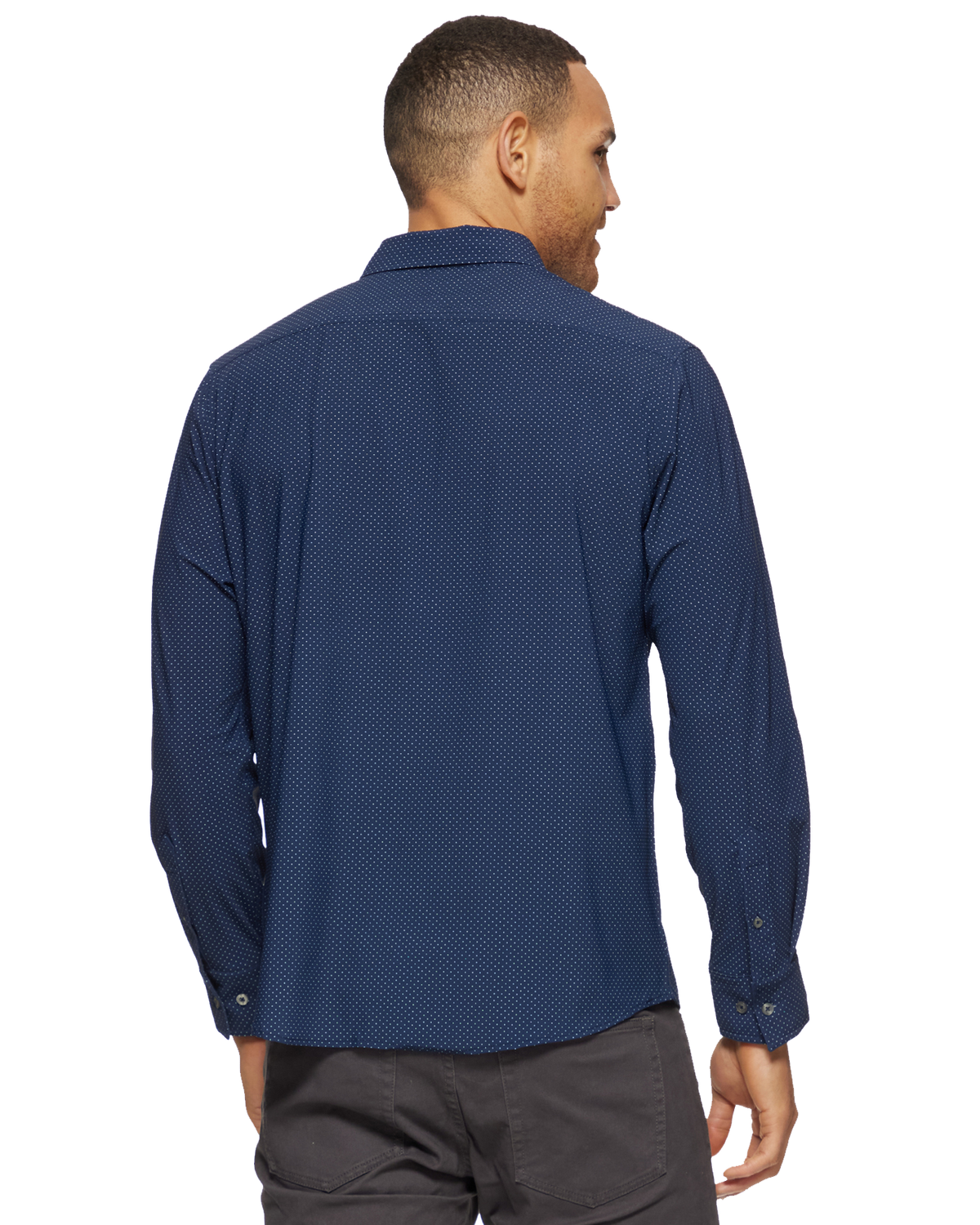 Loretto LS Dot Print Journey Shirt in navy dot print worn by a man