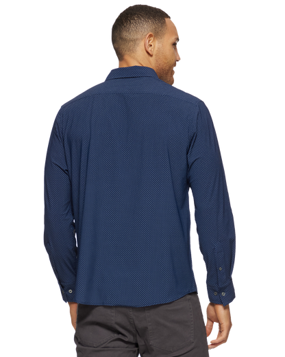 Loretto LS Dot Print Journey Shirt in navy dot print worn by a man