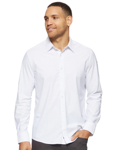 Loretto LS Dot Print Journey Shirt in white with navy dots worn by a man