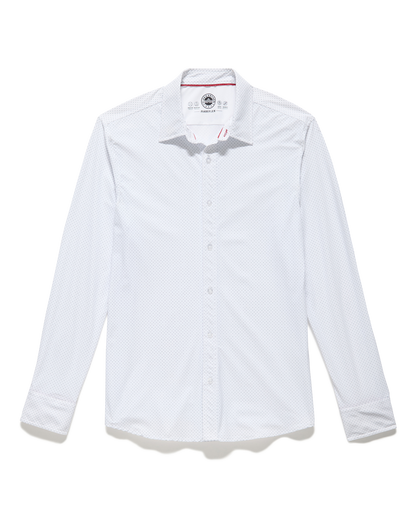 Loretto LS Dot Print Journey Shirt in white with navy dots by FLAG & ANTHEM
