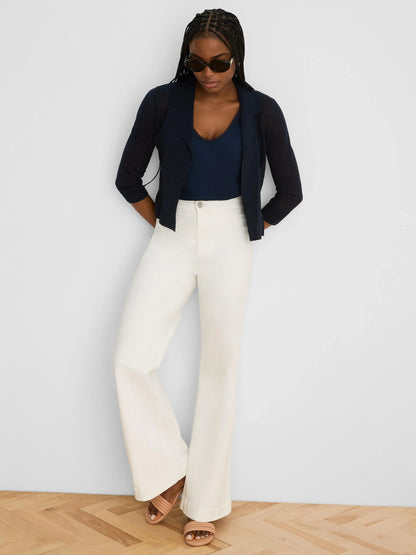 Featherknit Collared Cardigan layered over navy top with white pants by NIC AND ZOE