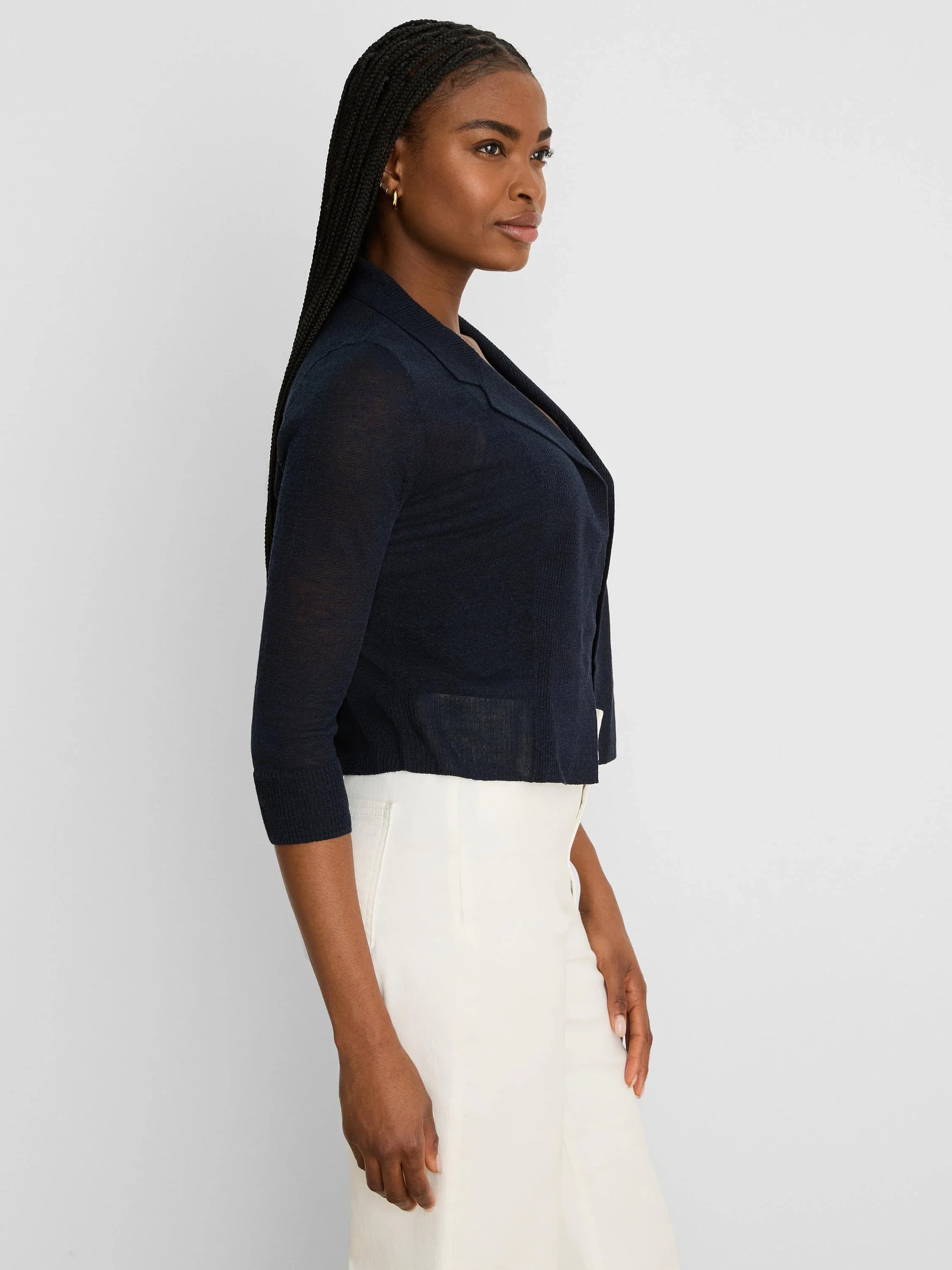 Featherknit Collared Cardigan in navy with sheer sleeves by NIC AND ZOE, Women's Sweaters HCO
