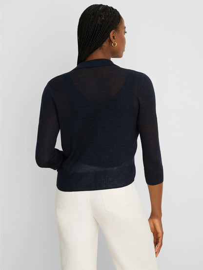 Featherknit Collared Cardigan navy sheer sleeves by NIC AND ZOE, Women's Sweaters HCO boutique