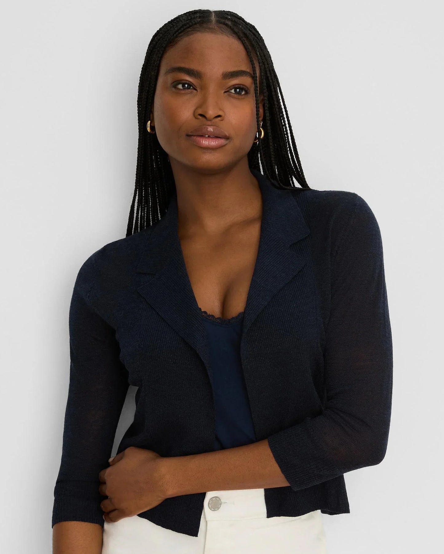 Featherknit Collared Cardigan by NIC AND ZOE, navy sheer sleeves, blazer style, Women's Sweaters HCO