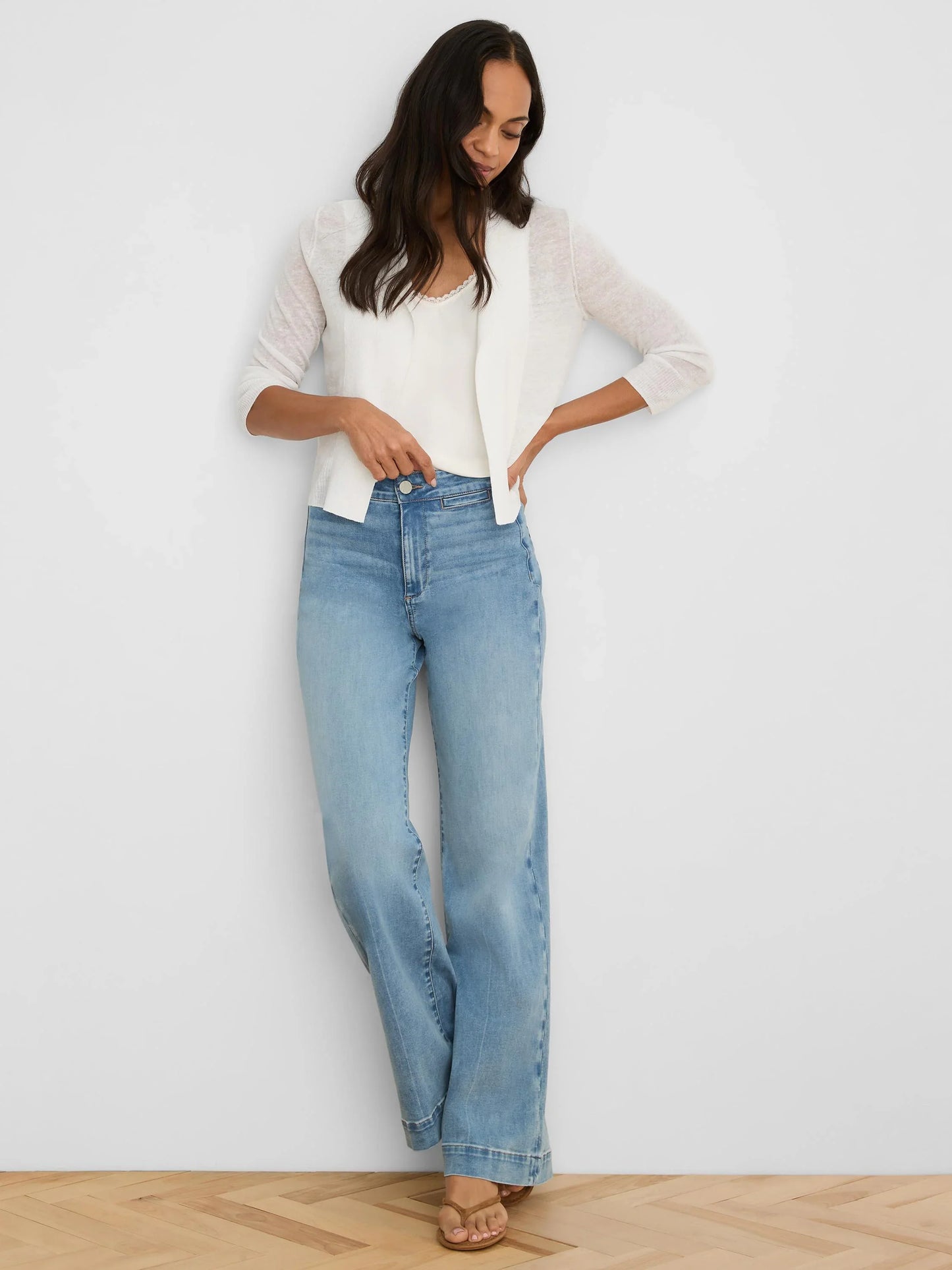 Featherknit Collared Cardigan by NIC AND ZOE in white, sheer sleeves, stylish layering piece from HCO