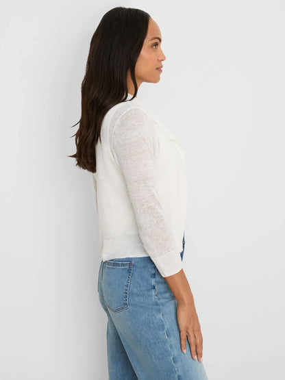Featherknit Collared Cardigan in white linen viscose with sheer sleeves by NIC AND ZOE at HCO