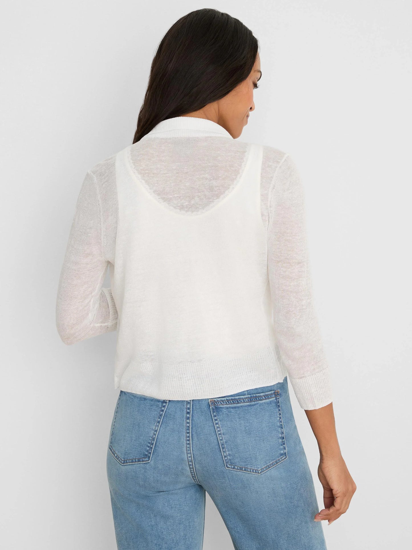 Featherknit Collared Cardigan by NIC AND ZOE, sheer linen viscose sleeves, Women's Sweaters HCO
