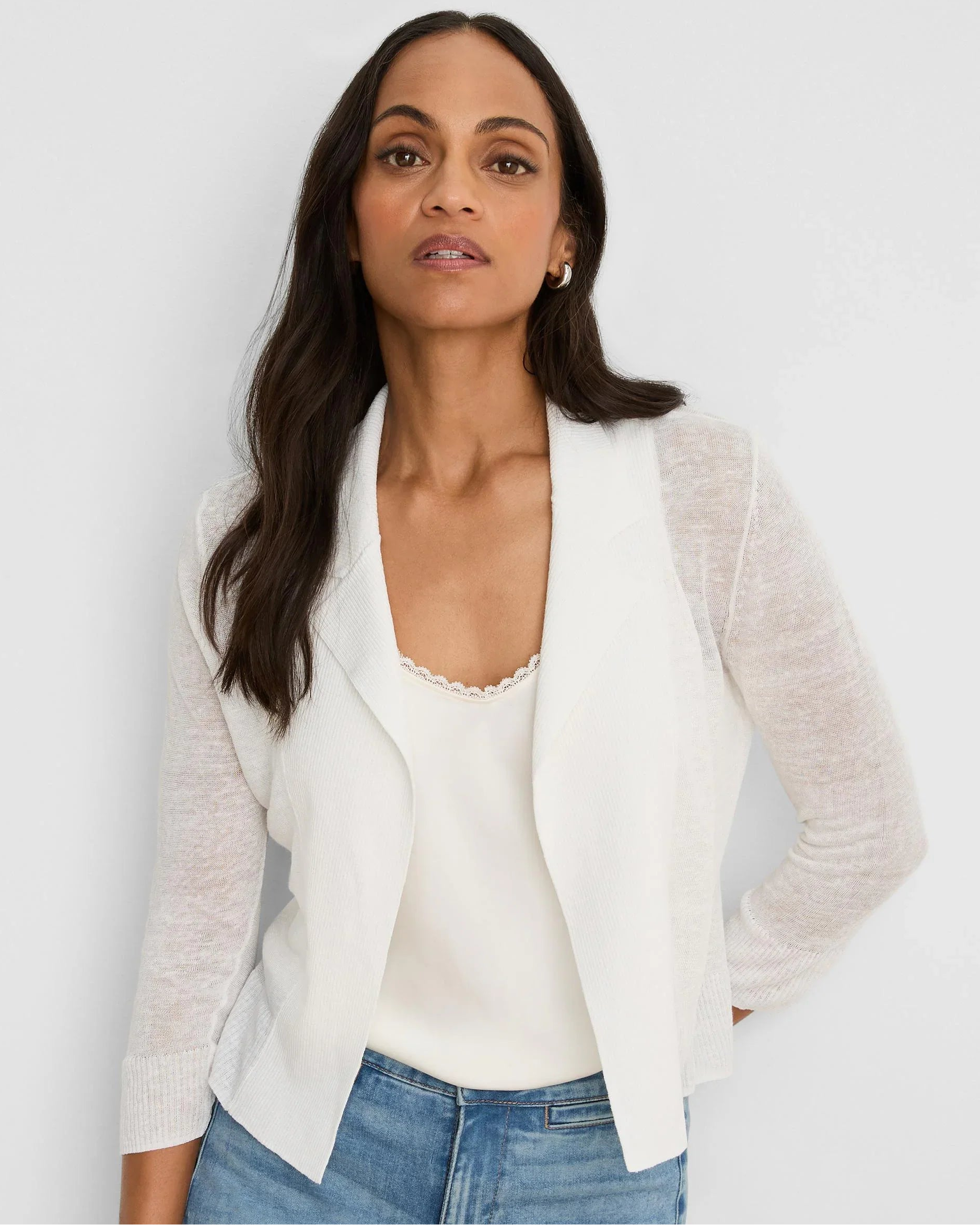 Featherknit Collared Cardigan in white with sheer sleeves by NIC AND ZOE, Women's Sweaters at HCO
