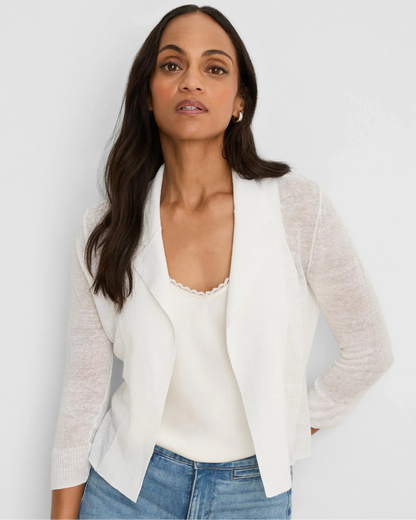 Featherknit Collared Cardigan in white with sheer sleeves by NIC AND ZOE, Women's Sweaters at HCO