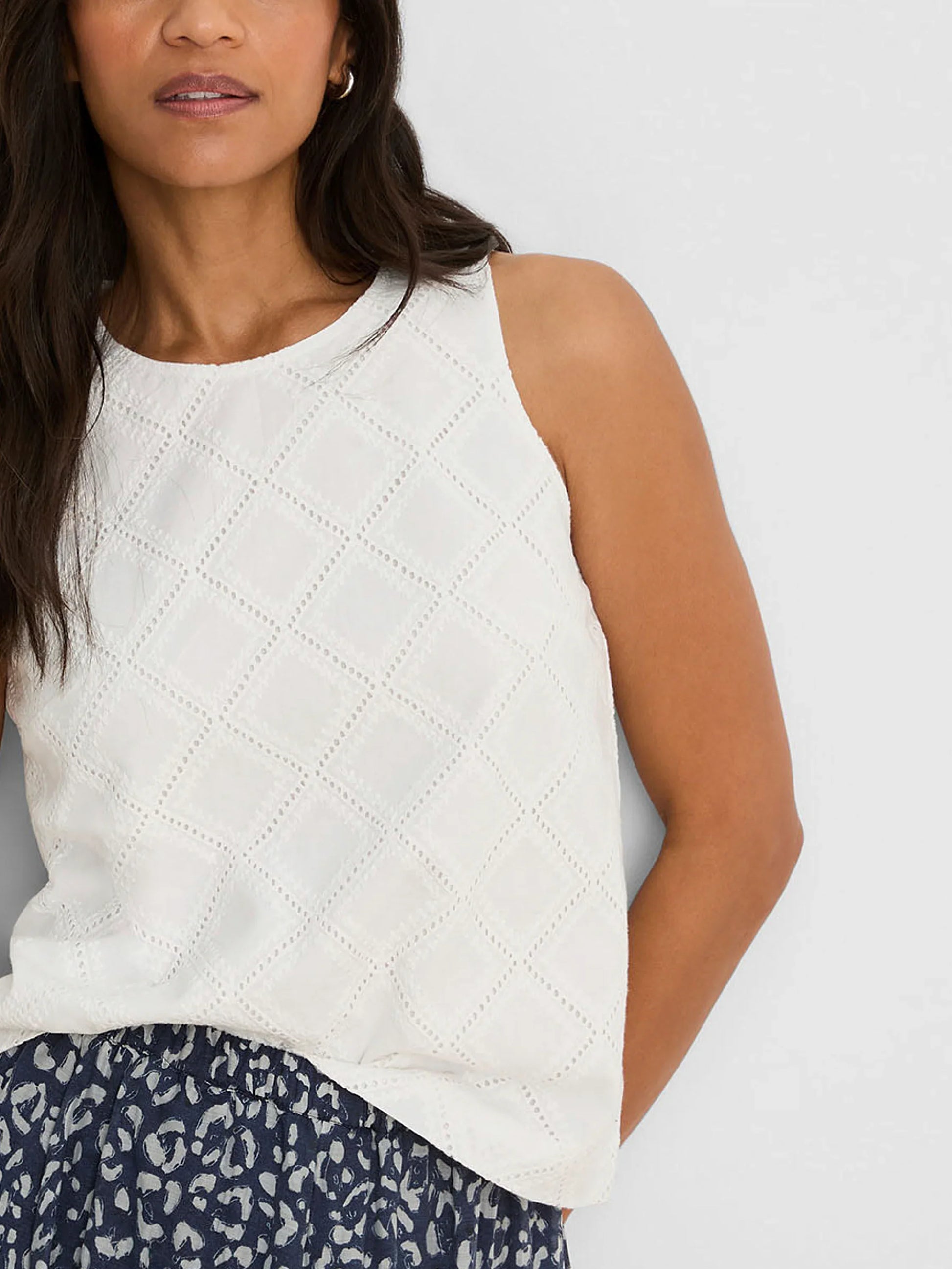 Diamond Eyelet Top in white geometric stitch, Nic and Zoe Women's Short Sleeve Shirts HCO boutique