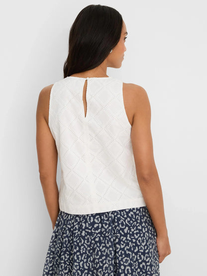 Diamond Eyelet Top in white geometric eyelet with hidden button, Nic and Zoe women's shirts