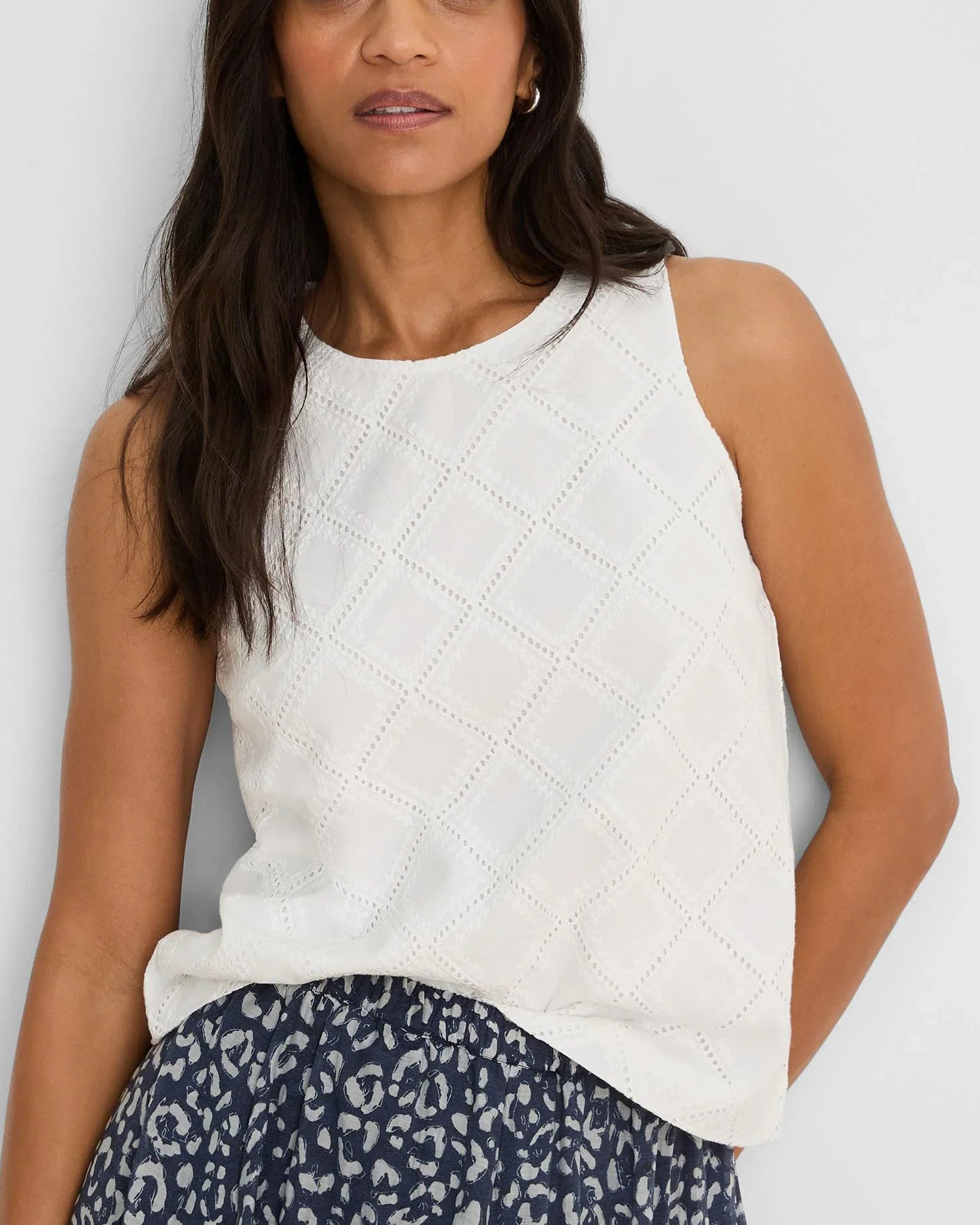 Diamond Eyelet Top in white geometric stitched cotton, Nic and Zoe Women's Short Sleeve Shirts HCO