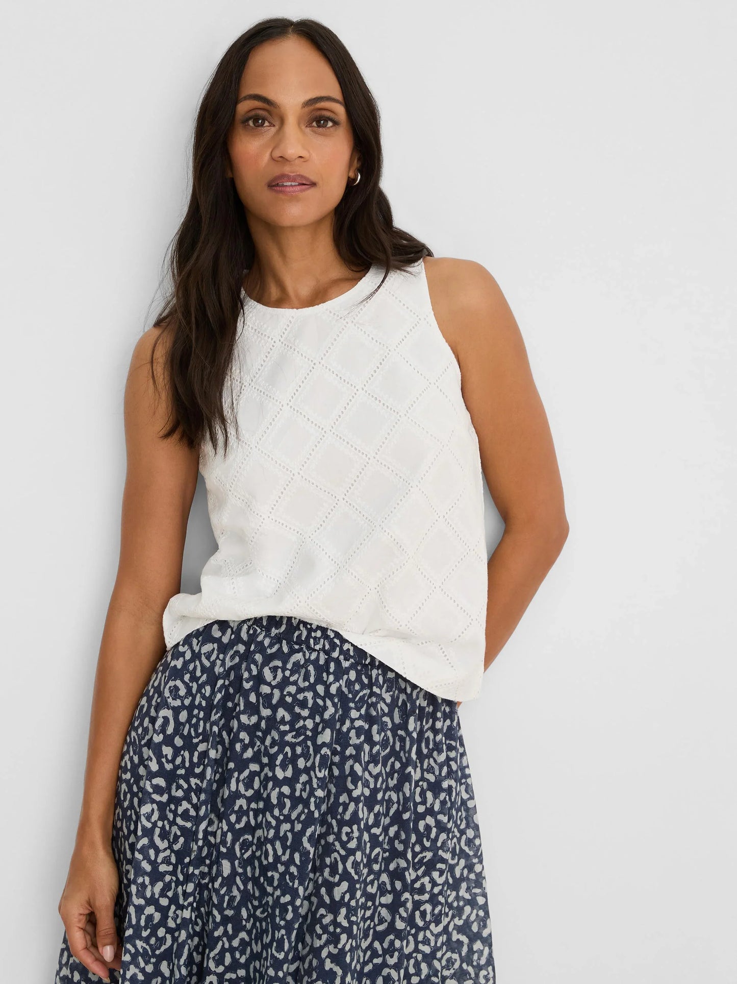 Diamond Eyelet Top in white geometric stitch by NIC AND ZOE, Women's Short Sleeve Shirts HCO boutique
