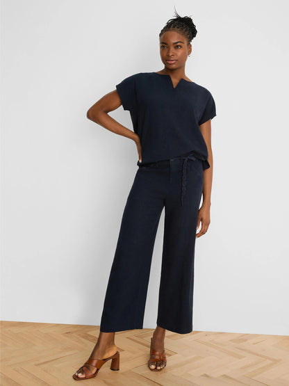 Eliot Wide Leg Rumba Linen Belted Crop Pant in navy wrinkle-resistant linen by NIC AND ZOE