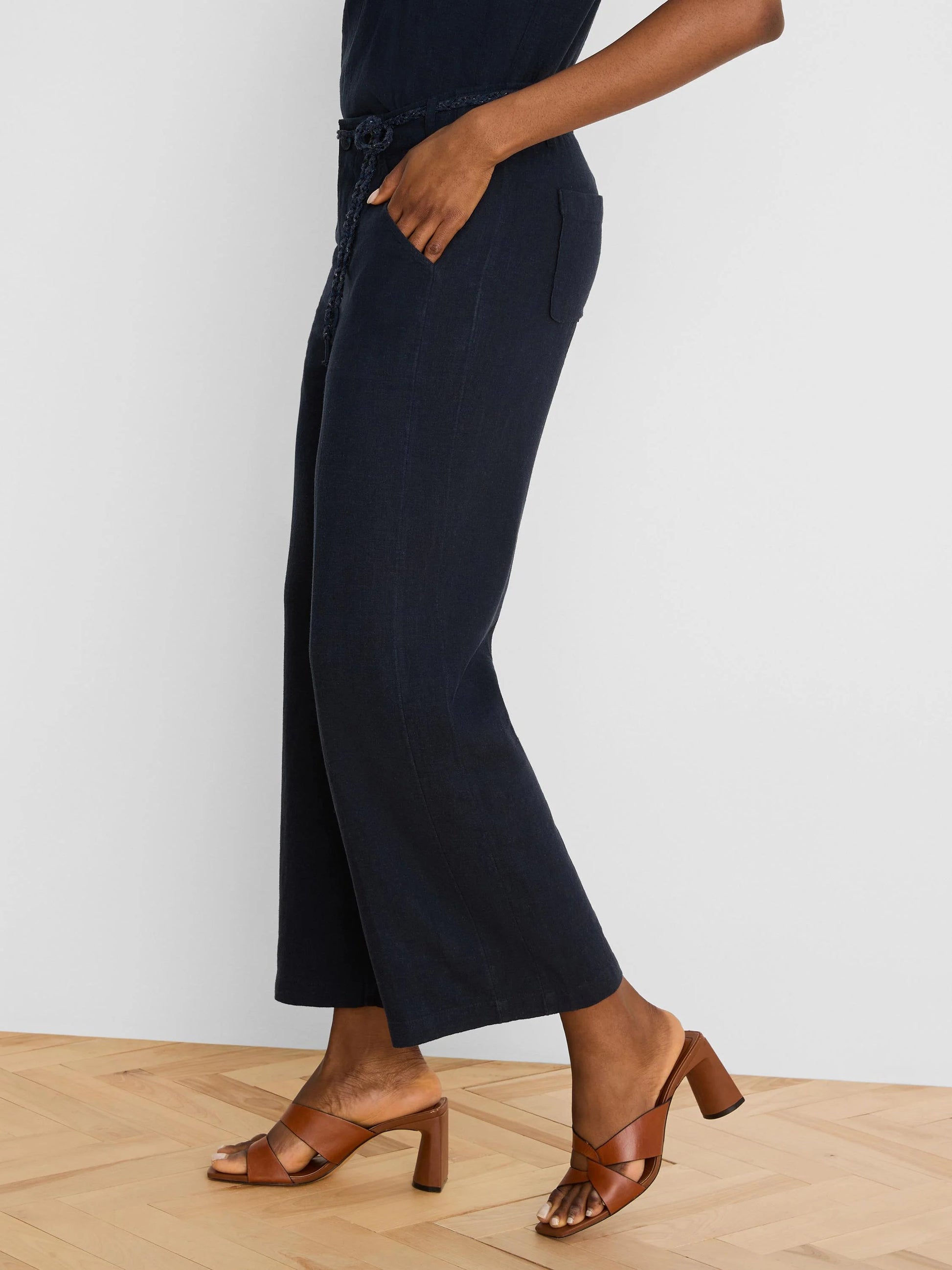 Eliot Wide Leg Rumba Linen Belted Crop Pant in navy wrinkle-resistant linen by NIC AND ZOE