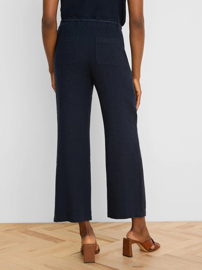 Eliot Wide Leg Rumba Linen Belted Crop Pant in navy wrinkle-resistant linen by NIC AND ZOE