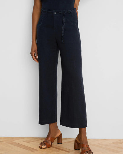 Eliot Wide Leg Rumba Linen Belted Crop Pant in navy wrinkle-resistant linen by NIC AND ZOE