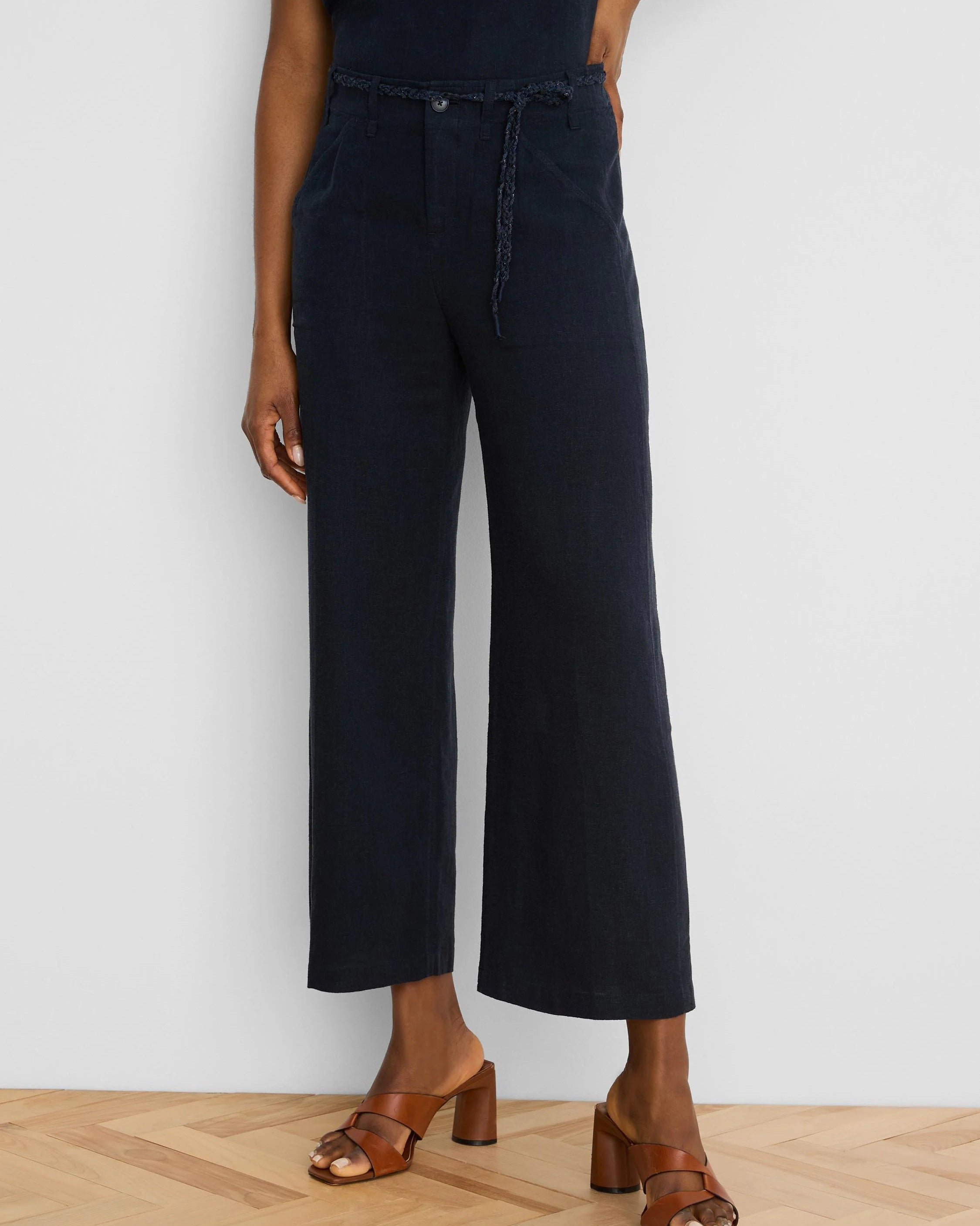 Eliot Wide Leg Rumba Linen Belted Crop Pant in navy wrinkle-resistant linen by NIC AND ZOE
