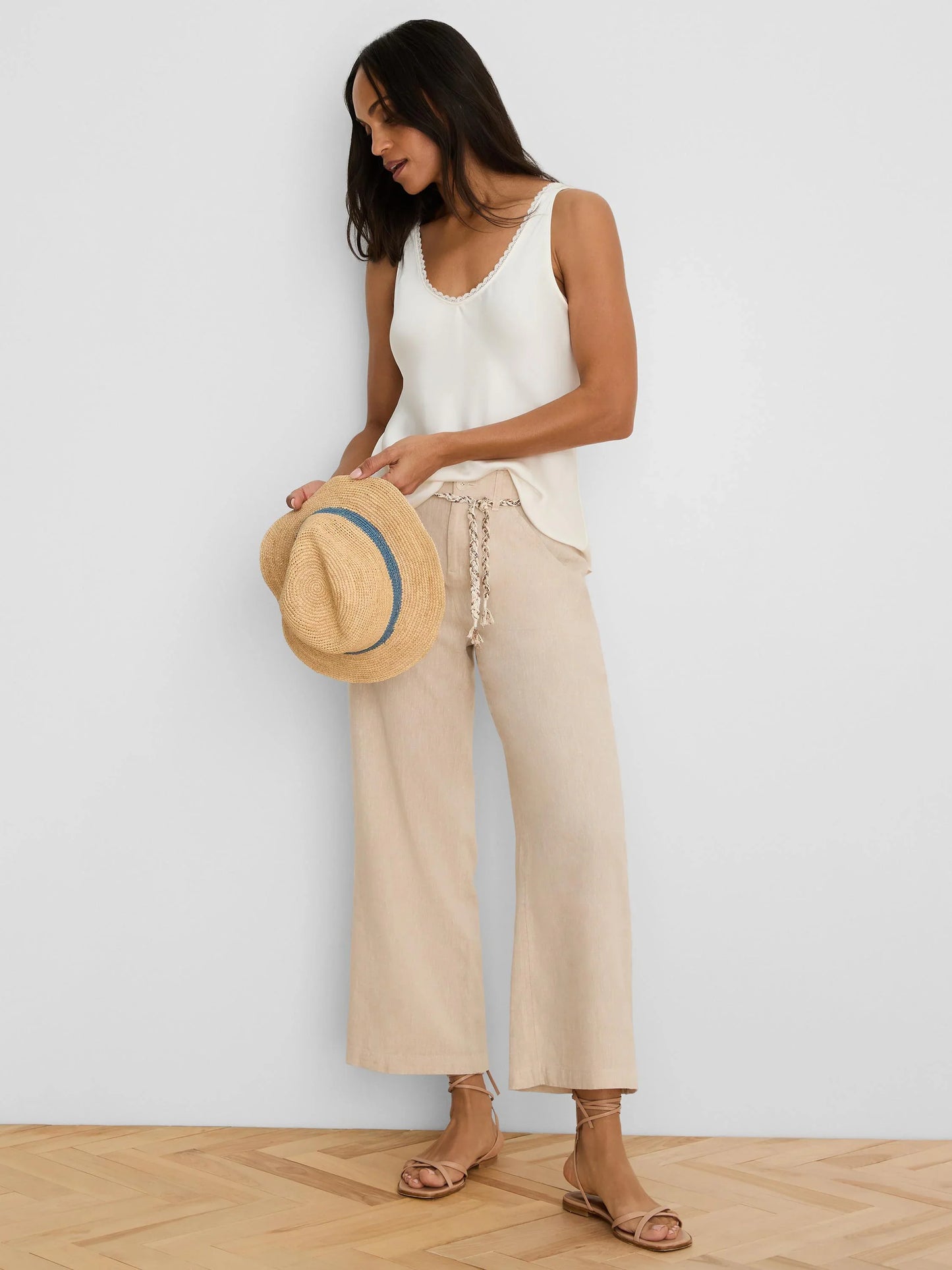 Eliot Wide Leg Rumba Linen Belted Crop Pant in beige wrinkle-resistant linen, Nic and Zoe Women's Pants