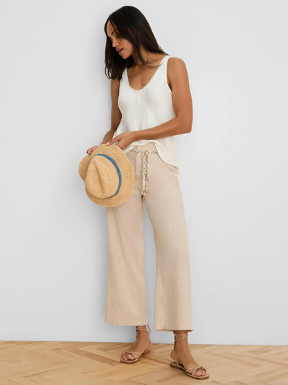 Eliot Wide Leg Rumba Linen Belted Crop Pant in beige wrinkle-resistant linen, Nic and Zoe Women's Pants