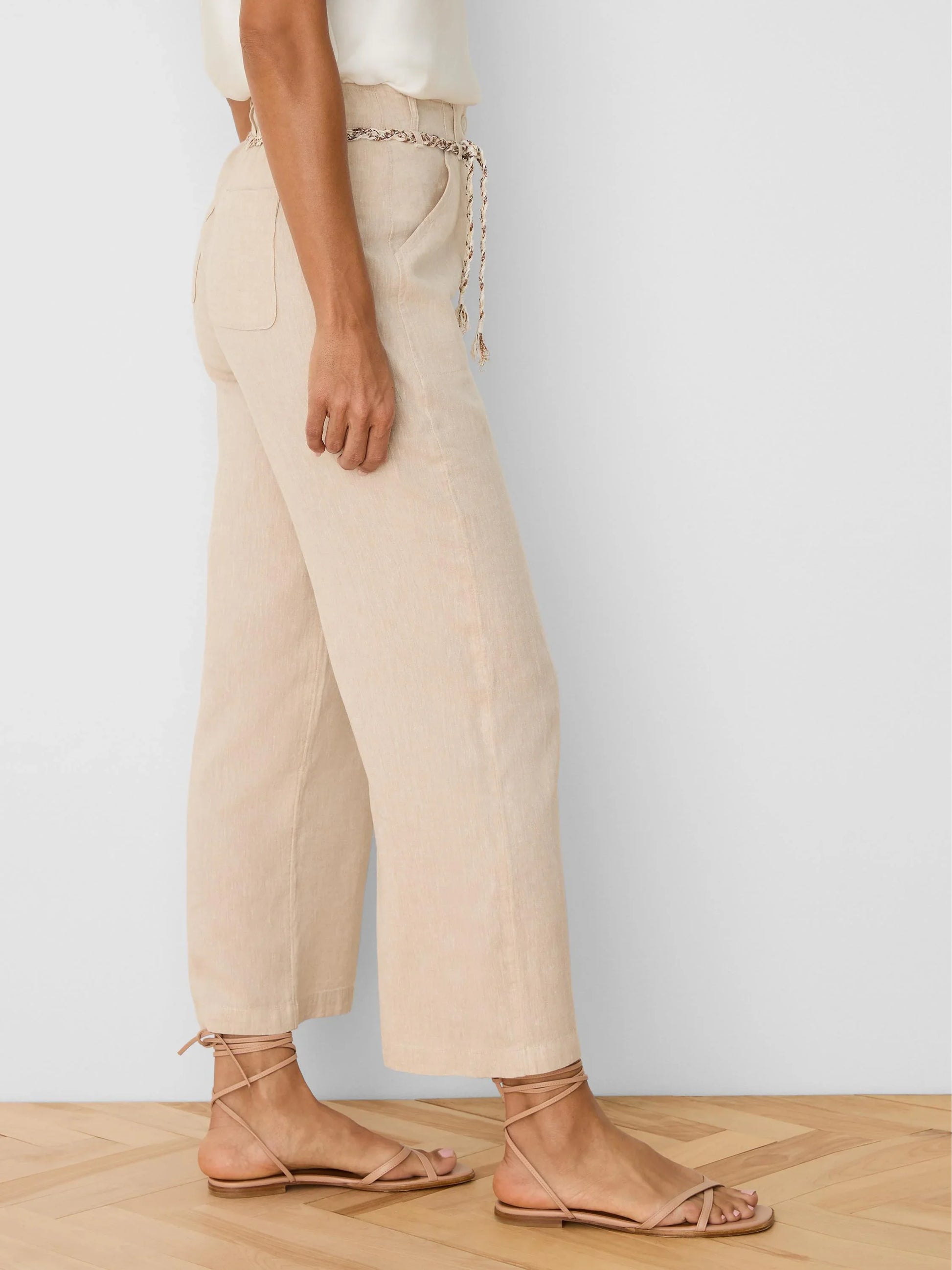 Eliot Wide Leg Rumba Linen Belted Crop Pant in beige, wrinkle-resistant linen by NIC AND ZOE