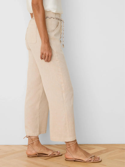 Eliot Wide Leg Rumba Linen Belted Crop Pant in beige, wrinkle-resistant linen by NIC AND ZOE
