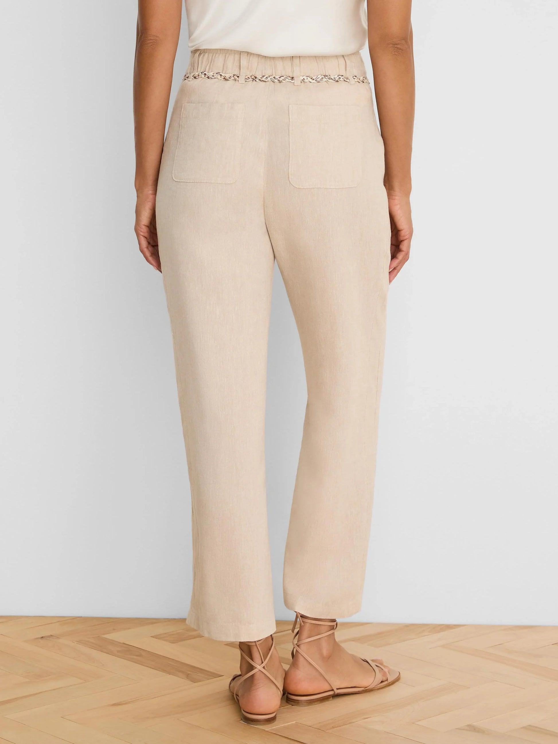 Eliot Wide Leg Rumba Linen Belted Crop Pant in beige wrinkle-resistant linen by NIC AND ZOE