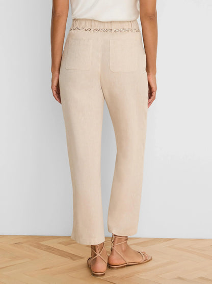 Eliot Wide Leg Rumba Linen Belted Crop Pant in beige wrinkle-resistant linen by NIC AND ZOE