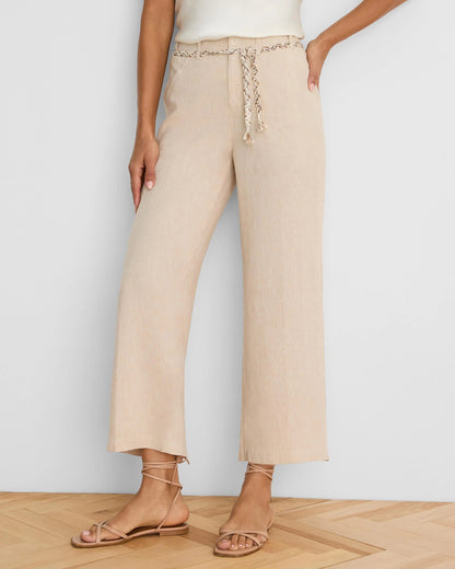 Eliot Wide Leg Rumba Linen Belted Crop Pant in beige wrinkle-resistant linen by NIC AND ZOE
