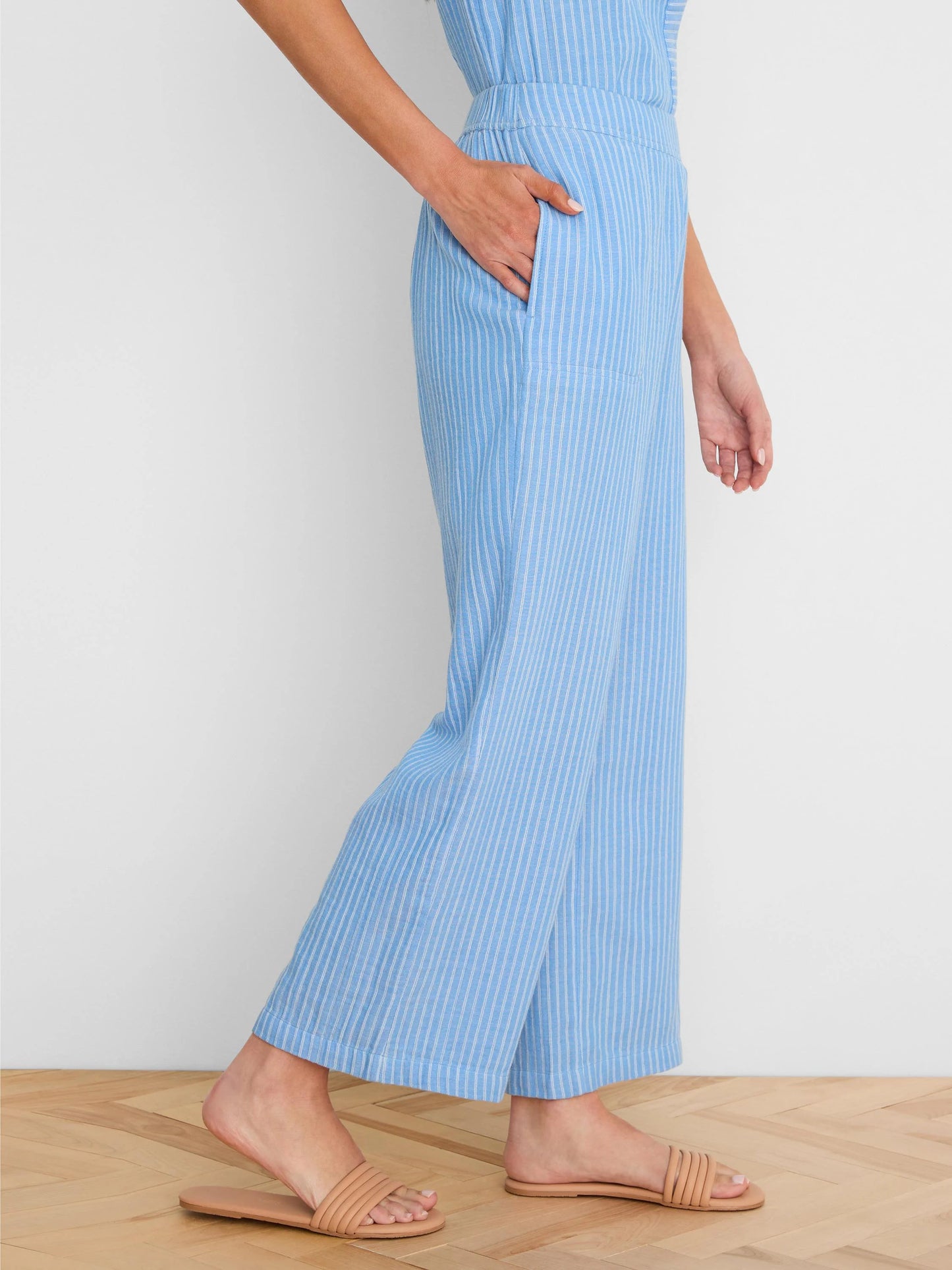 Fairfield Wide Leg Gauze Ankle Pant in breathable blue striped cotton by NIC AND ZOE