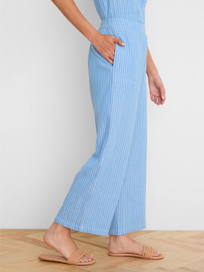 Fairfield Wide Leg Gauze Ankle Pant in breathable blue striped cotton by NIC AND ZOE