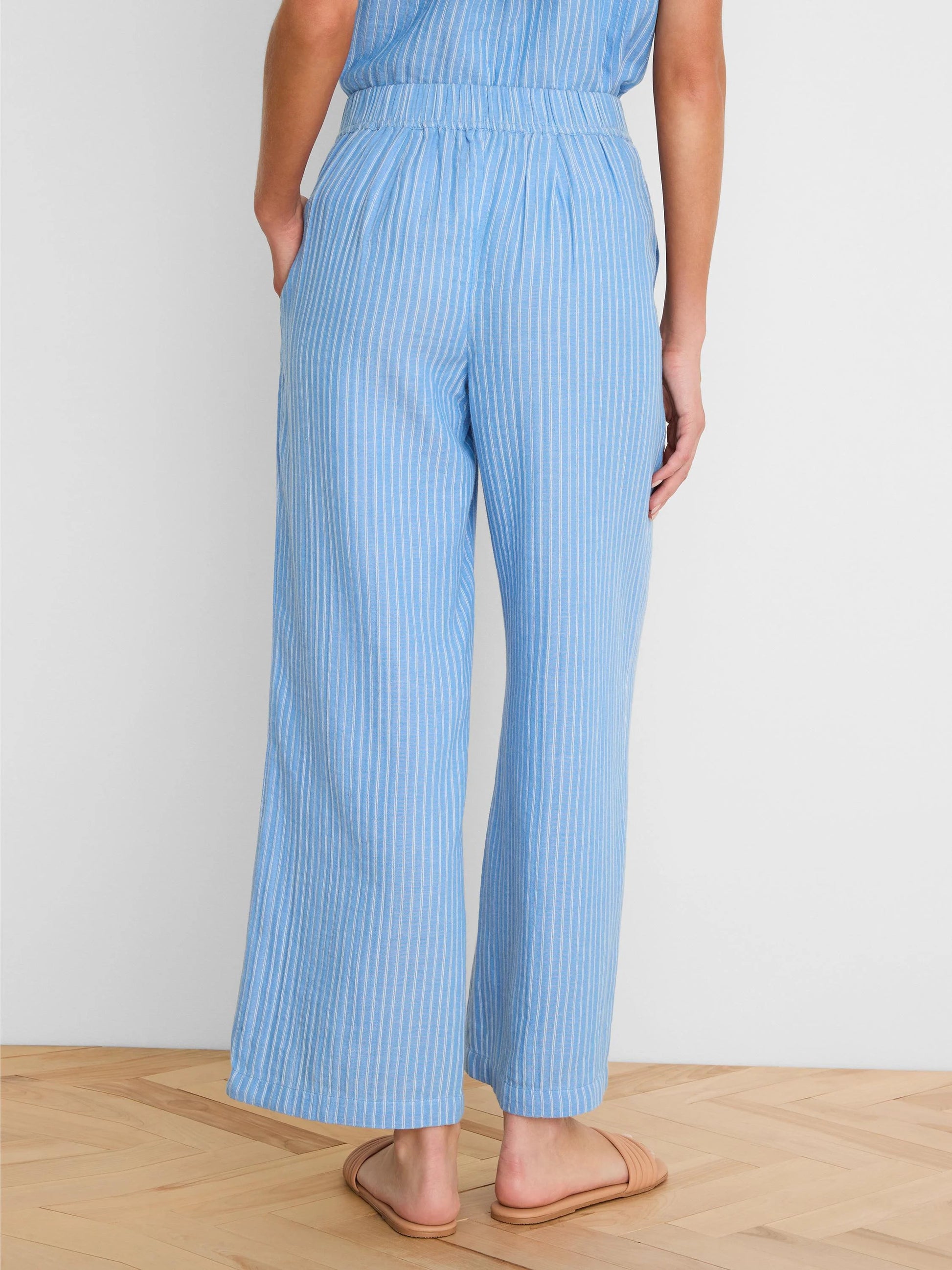 Fairfield Wide Leg Gauze Ankle Pant in blue striped breathable cotton by NIC AND ZOE