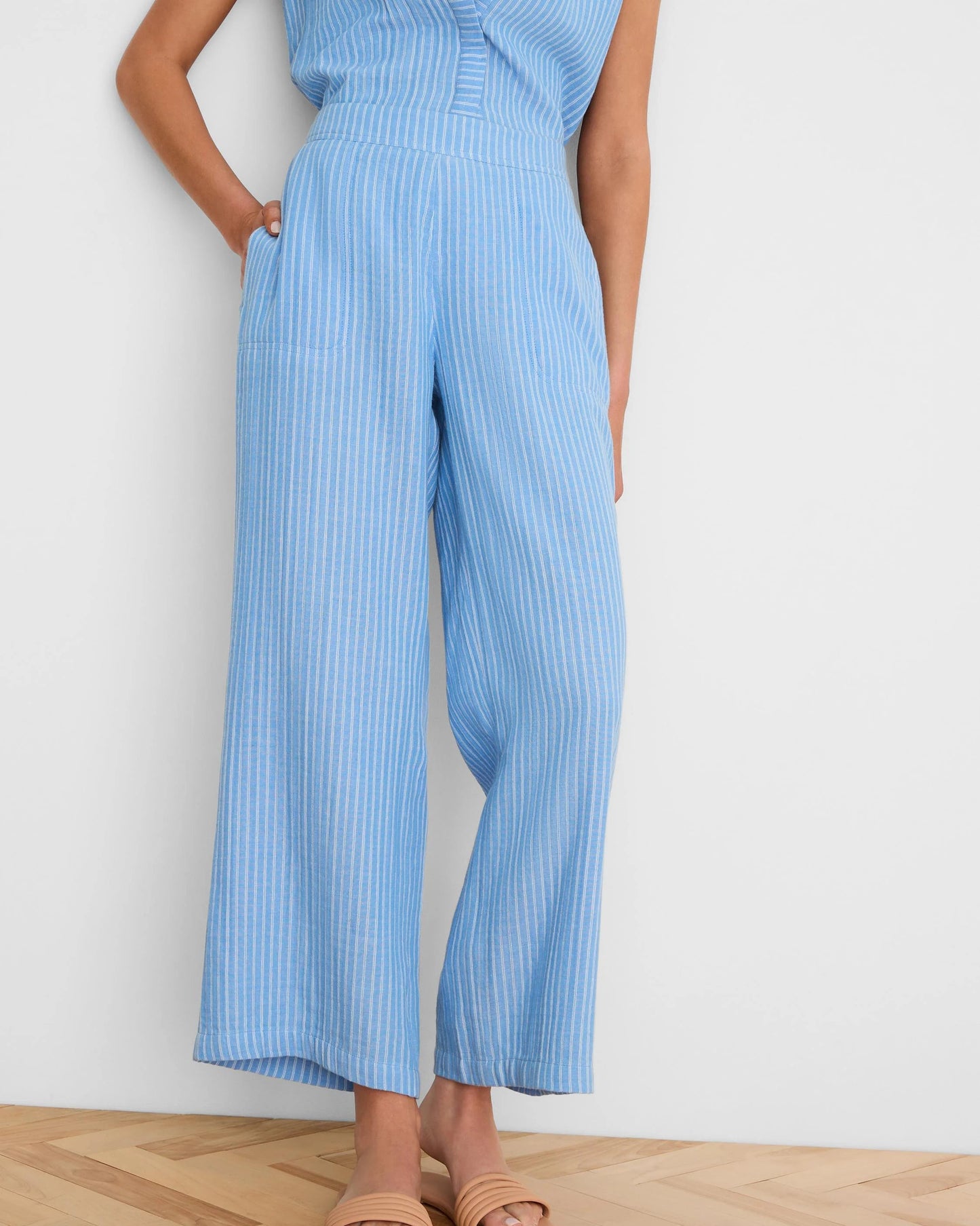 Fairfield Wide Leg Gauze Ankle Pant in blue striped breathable cotton by NIC AND ZOE