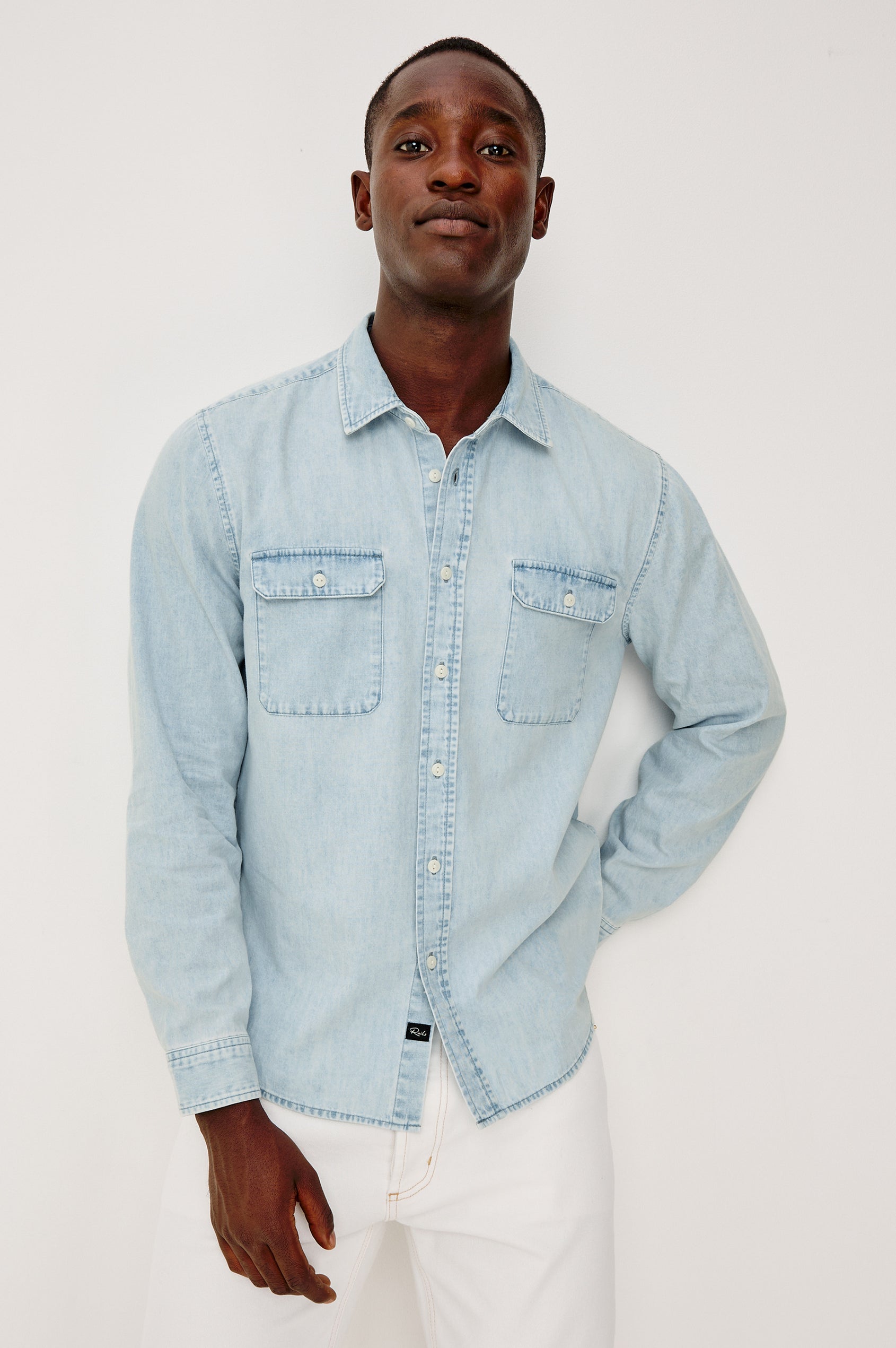 Meyer - Light Vintage Wash blue cotton rugged shirt by RAILS, classic fit men's long sleeve style