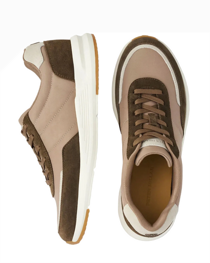 Poplar brown sneaker with beige suede panels, lace-up front, and white sole