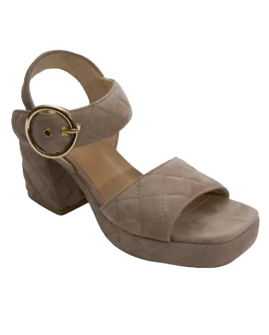 Moppet women's sandal in quilted taupe suede with block heel and gold buckle by VANELI