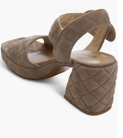 Moppet quilted taupe suede sandal with block heel and soft ankle strap by VANELI