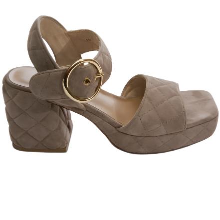 Moppet women's sandal in quilted taupe suede with rounded gold buckle by VANELI