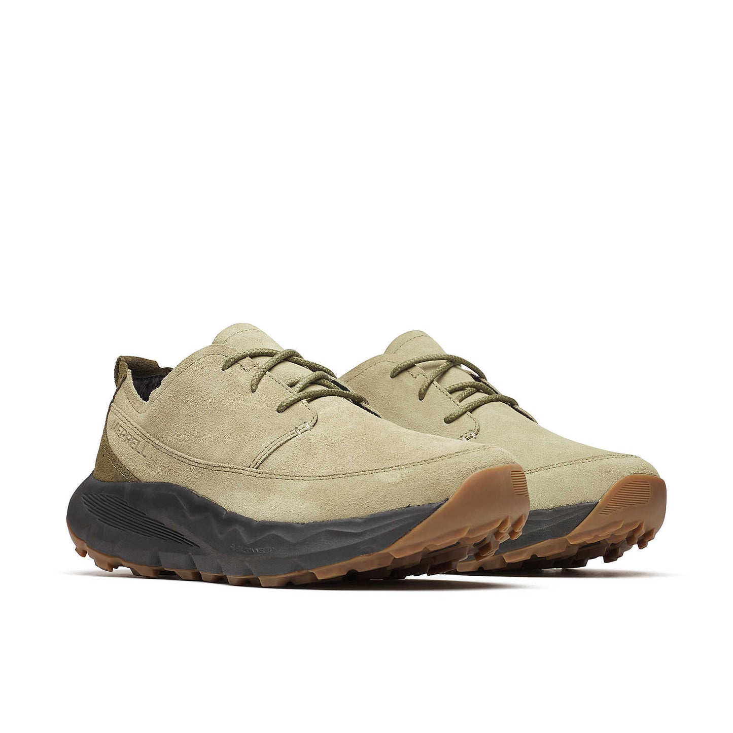 Drab lace-up walking shoe with light tan suede and grippy rubber sole