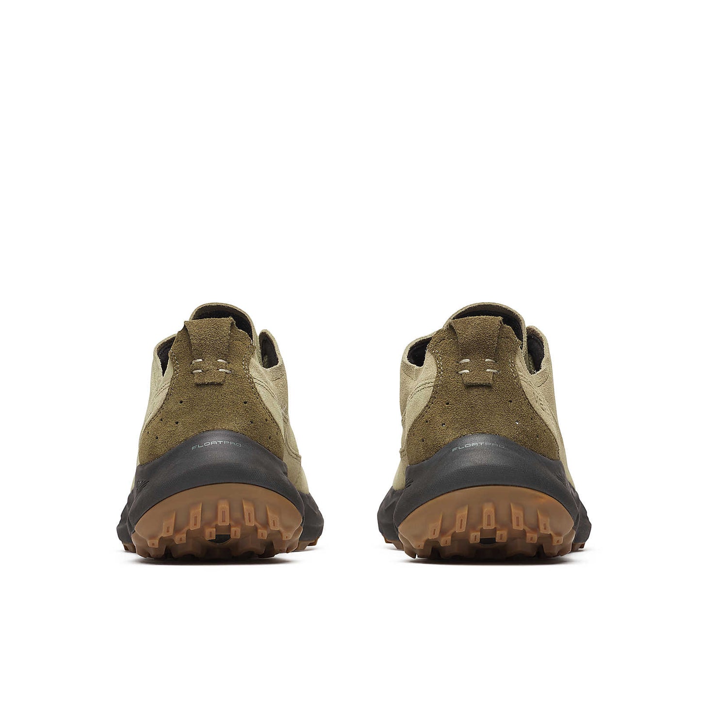 Back view of Drab shoes: dark heel cup and light tan suede upper