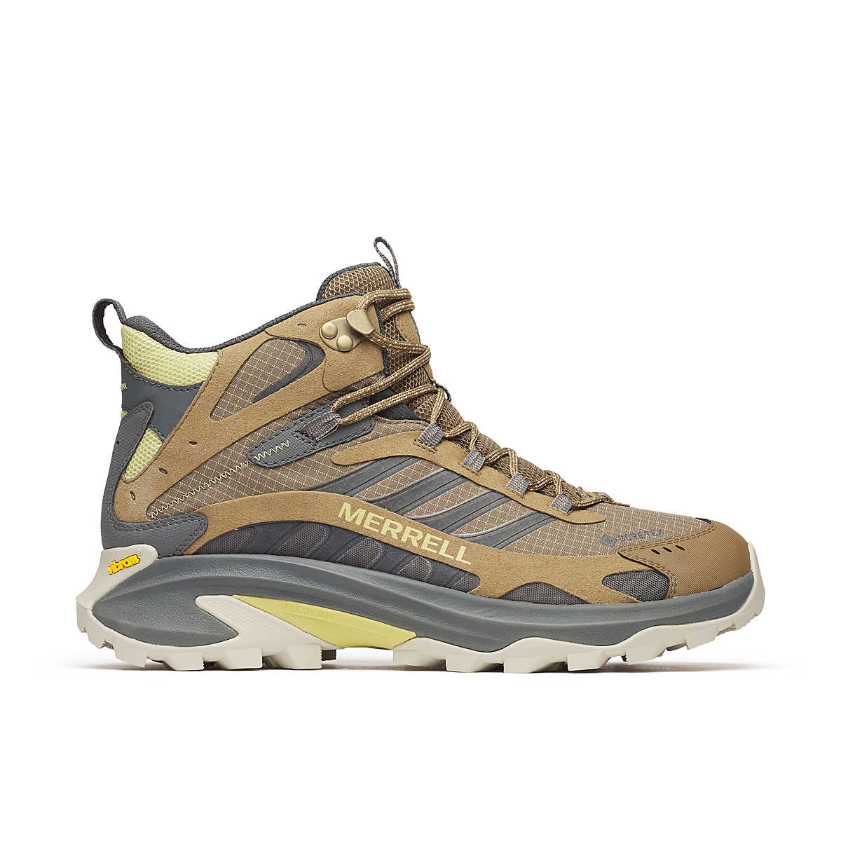Moab Speed 2 Mid GTX sneaker side view in Cairn tan, gray, and neon green details