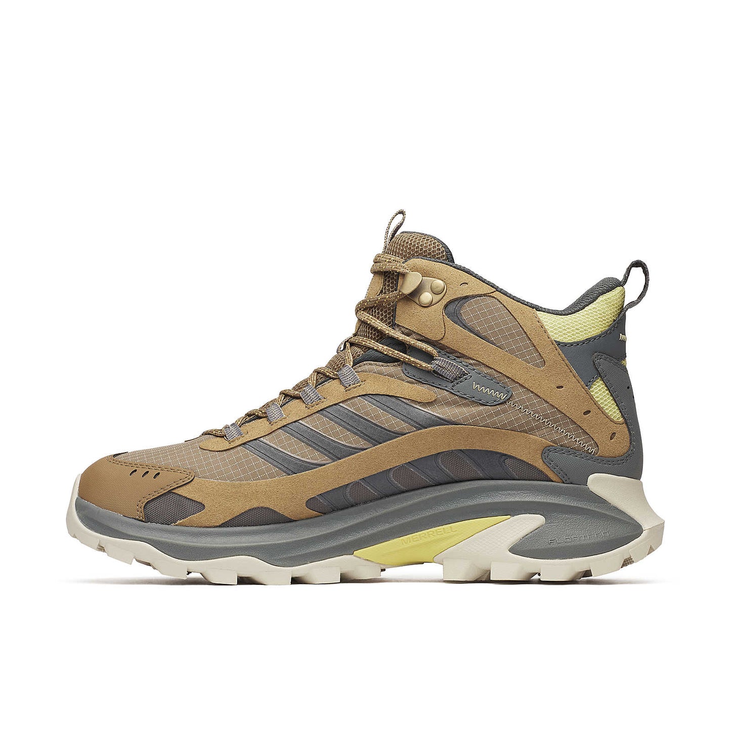 Moab Speed 2 Mid GTX front 3/4 view; Cairn tan with gray panels and neon green trim