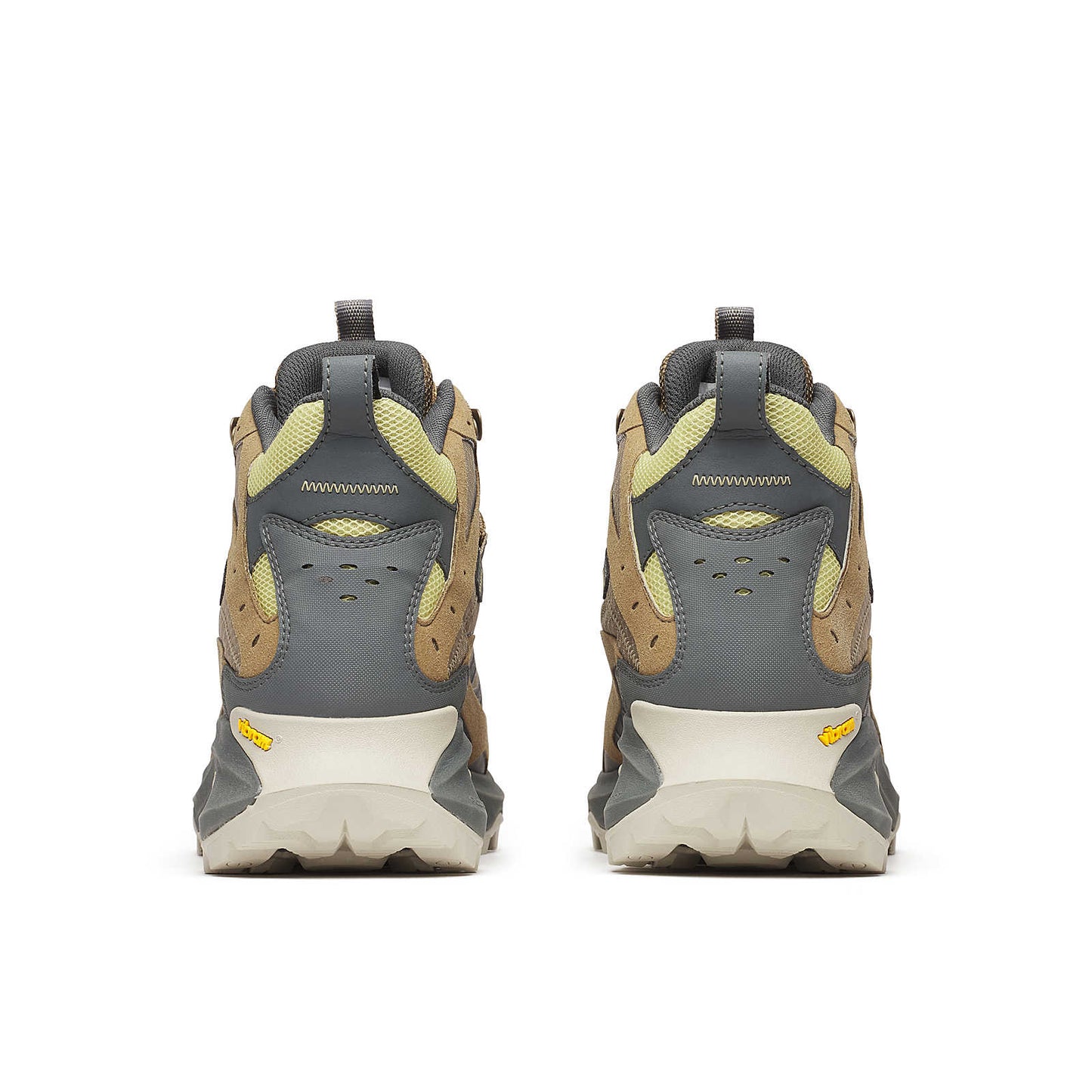 Moab Speed 2 Mid GTX rear view; Cairn tan and gray with cushioned heel