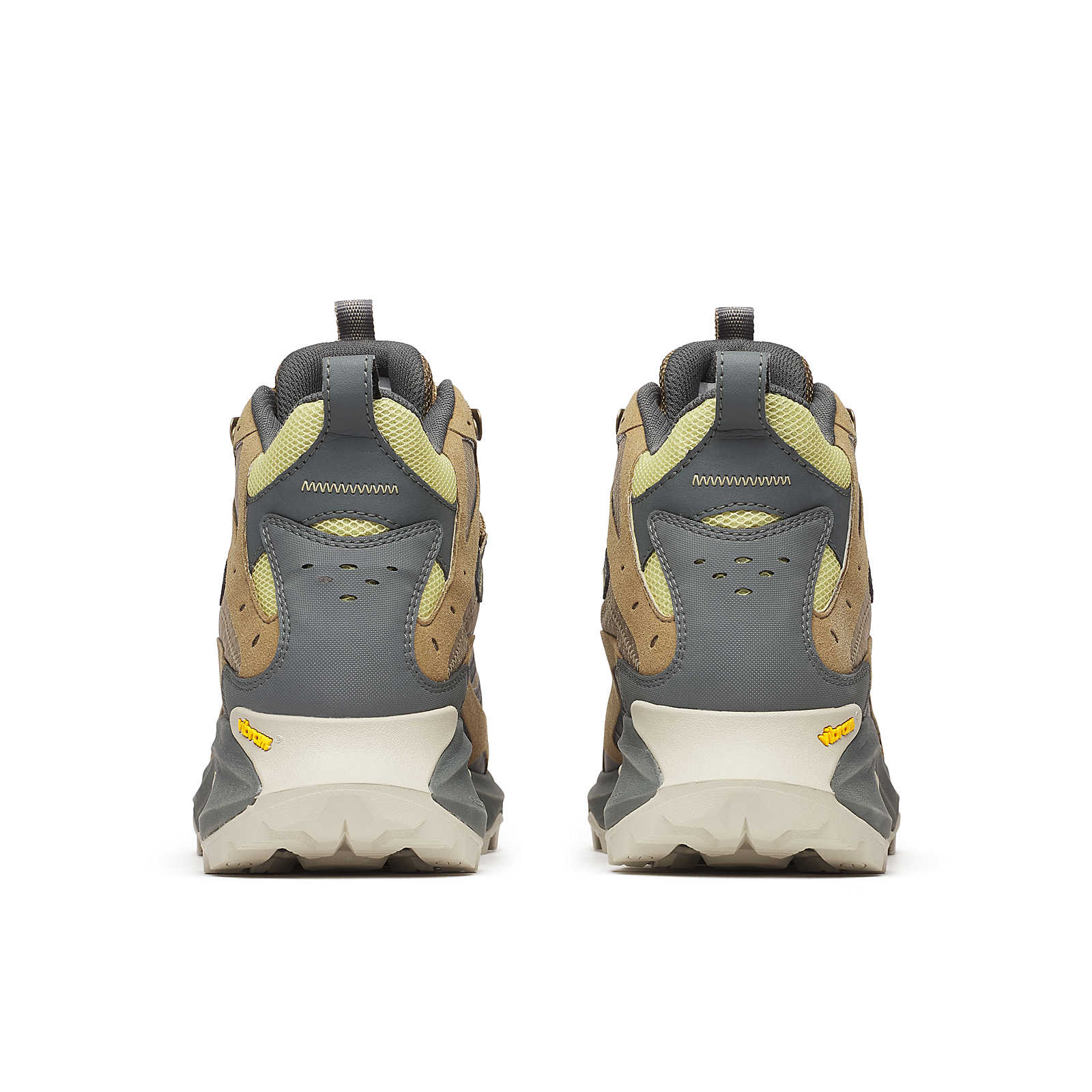 Moab Speed 2 Mid GTX rear view; Cairn tan and gray with cushioned heel