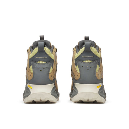 Moab Speed 2 Mid GTX rear view; Cairn tan and gray with cushioned heel