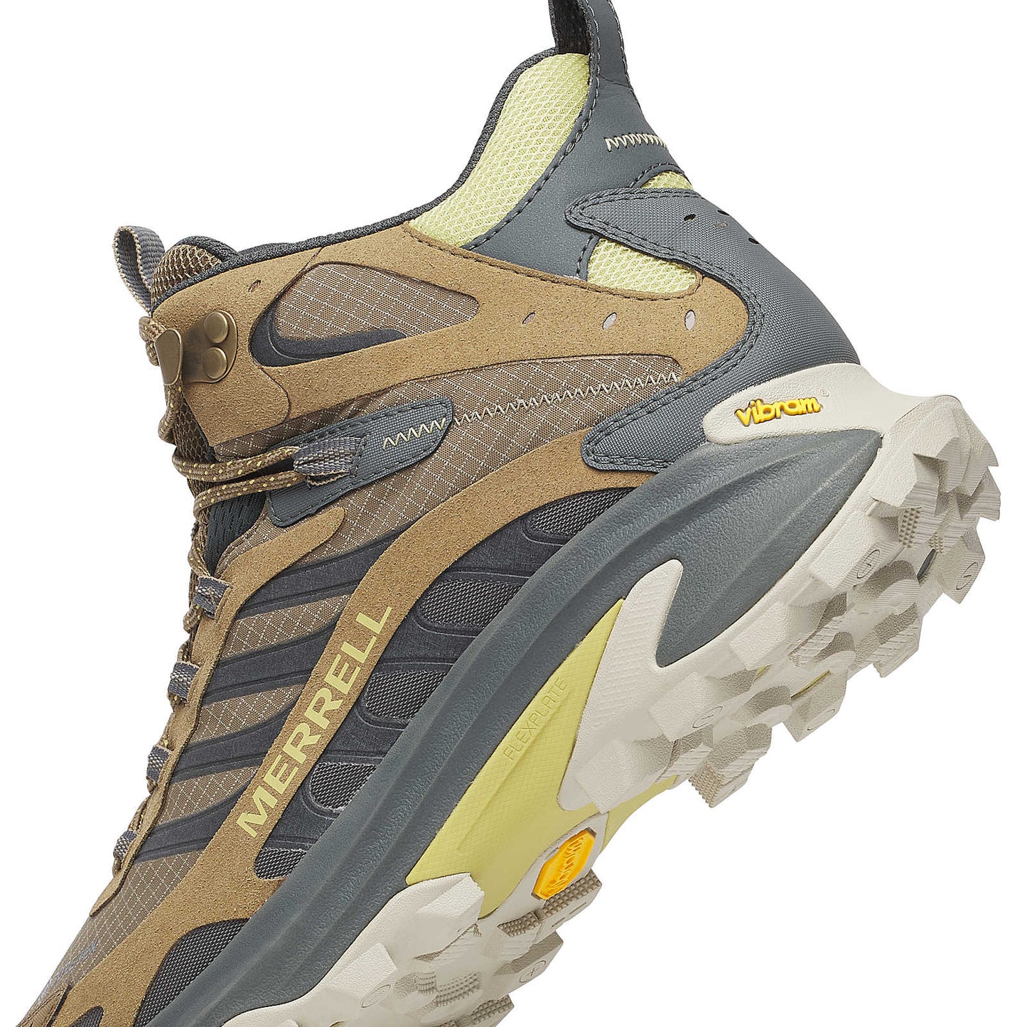 Moab Speed 2 Mid GTX outsole and midfoot view in Cairn colorway, gray and green