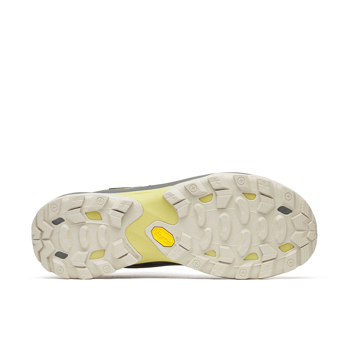 Moab Speed 2 Mid GTX tread sole view, white outsole with yellow-green pods