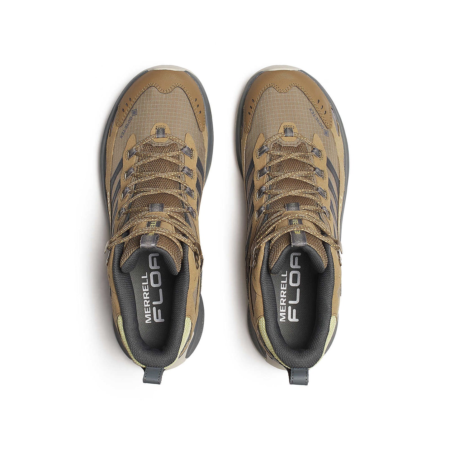 Moab Speed 2 Mid GTX shoe tongues and insoles with laces; Cairn tan and dark gray