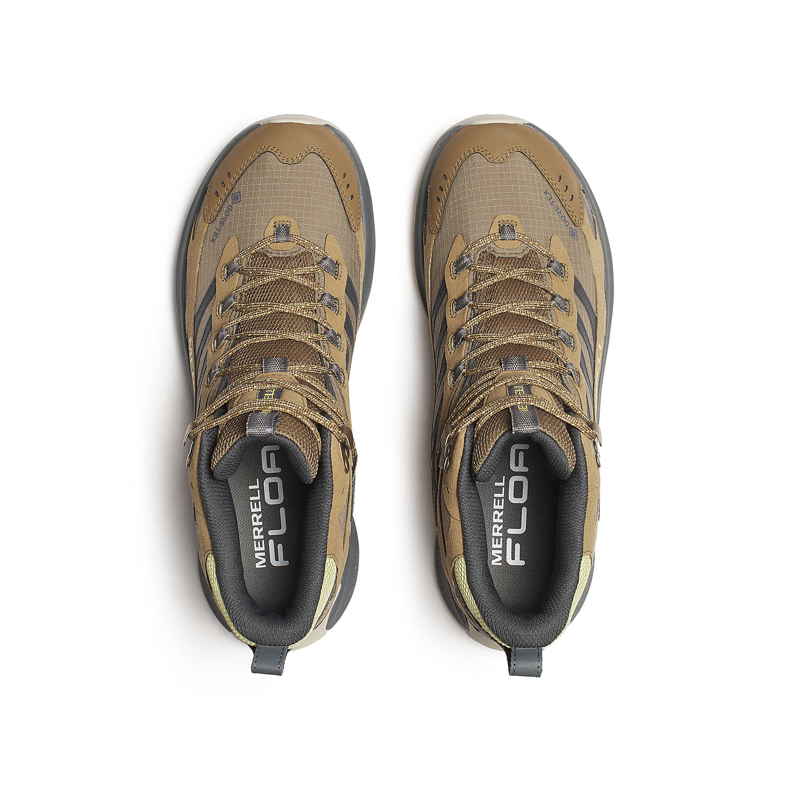 Moab Speed 2 Mid GTX shoe tongues and insoles with laces; Cairn tan and dark gray